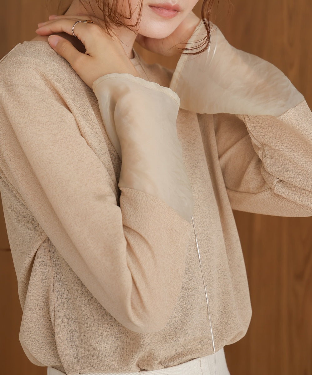 袖シアーラメベーシックカットソートップス