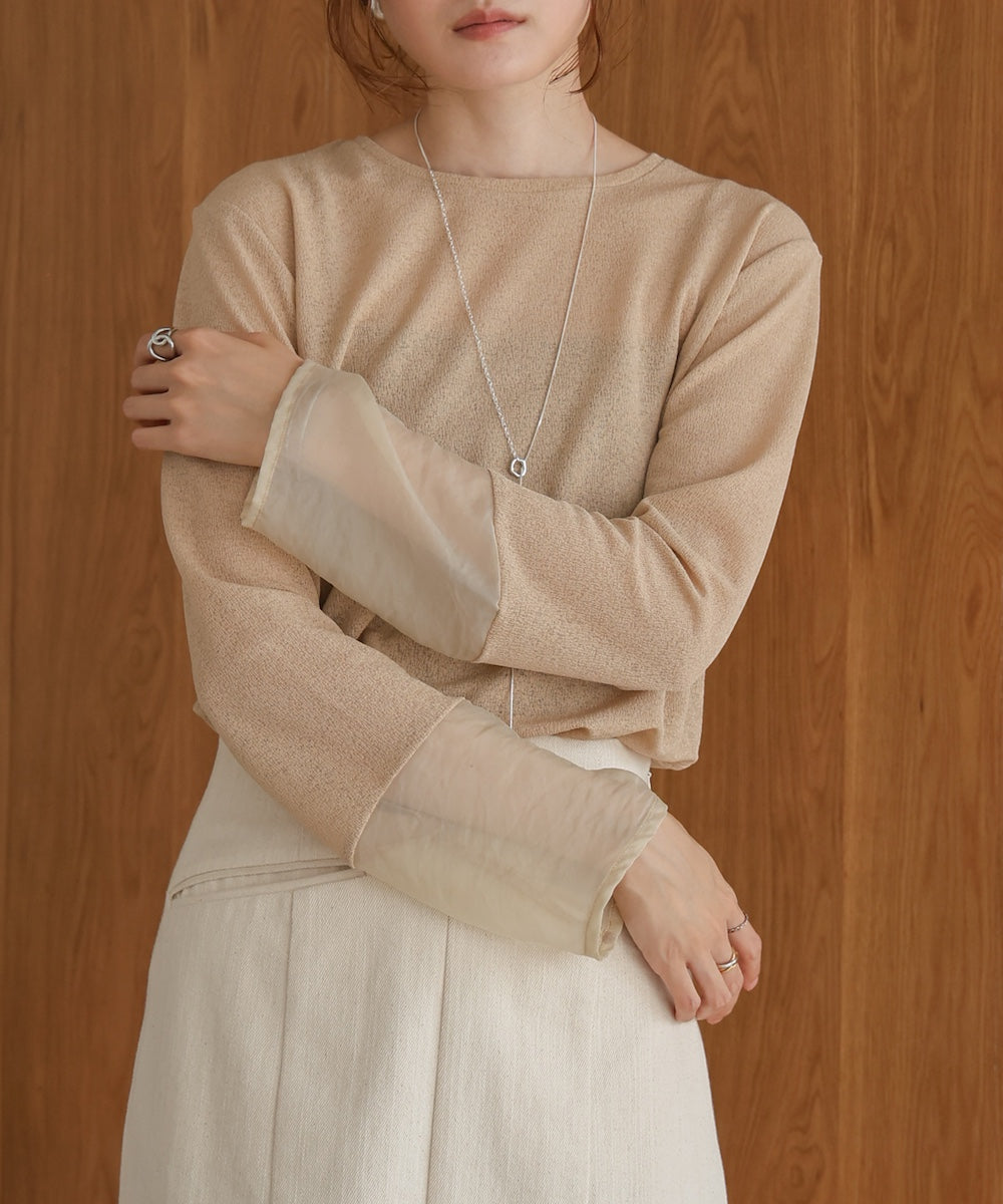 袖シアーラメベーシックカットソートップス