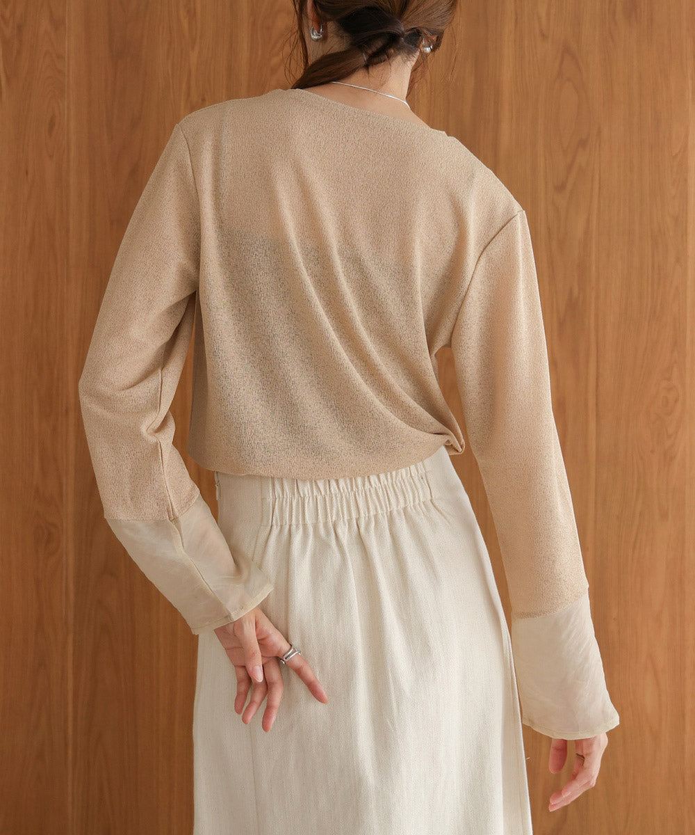 袖シアーラメベーシックカットソートップス