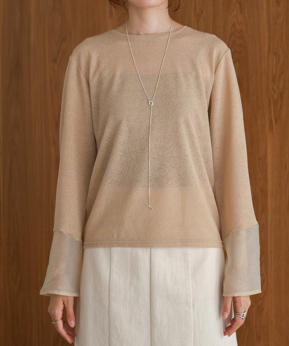 袖シアーラメベーシックカットソートップス