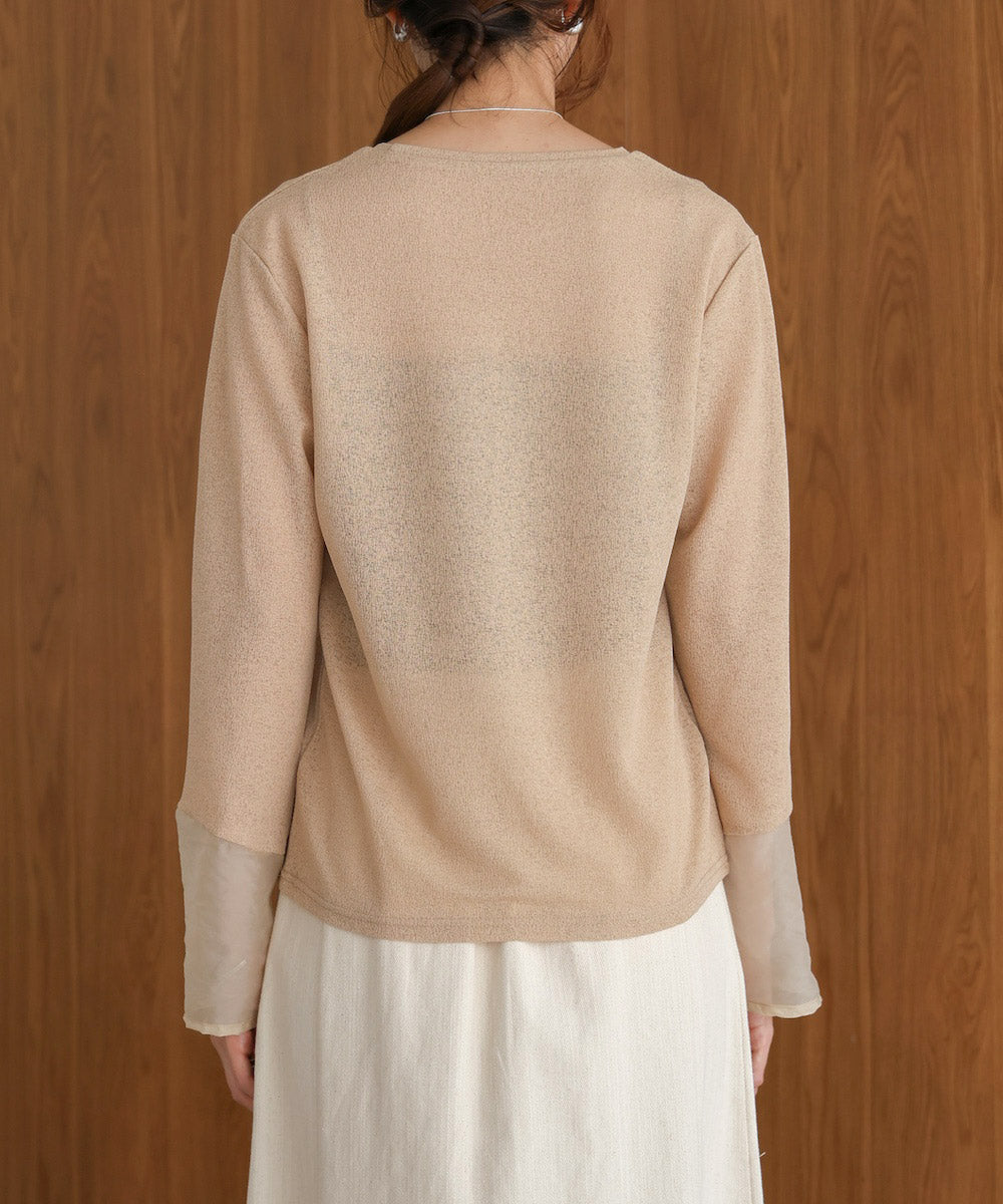 袖シアーラメベーシックカットソートップス