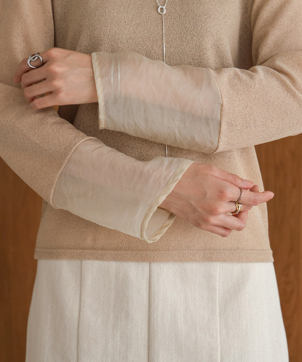 袖シアーラメベーシックカットソートップス