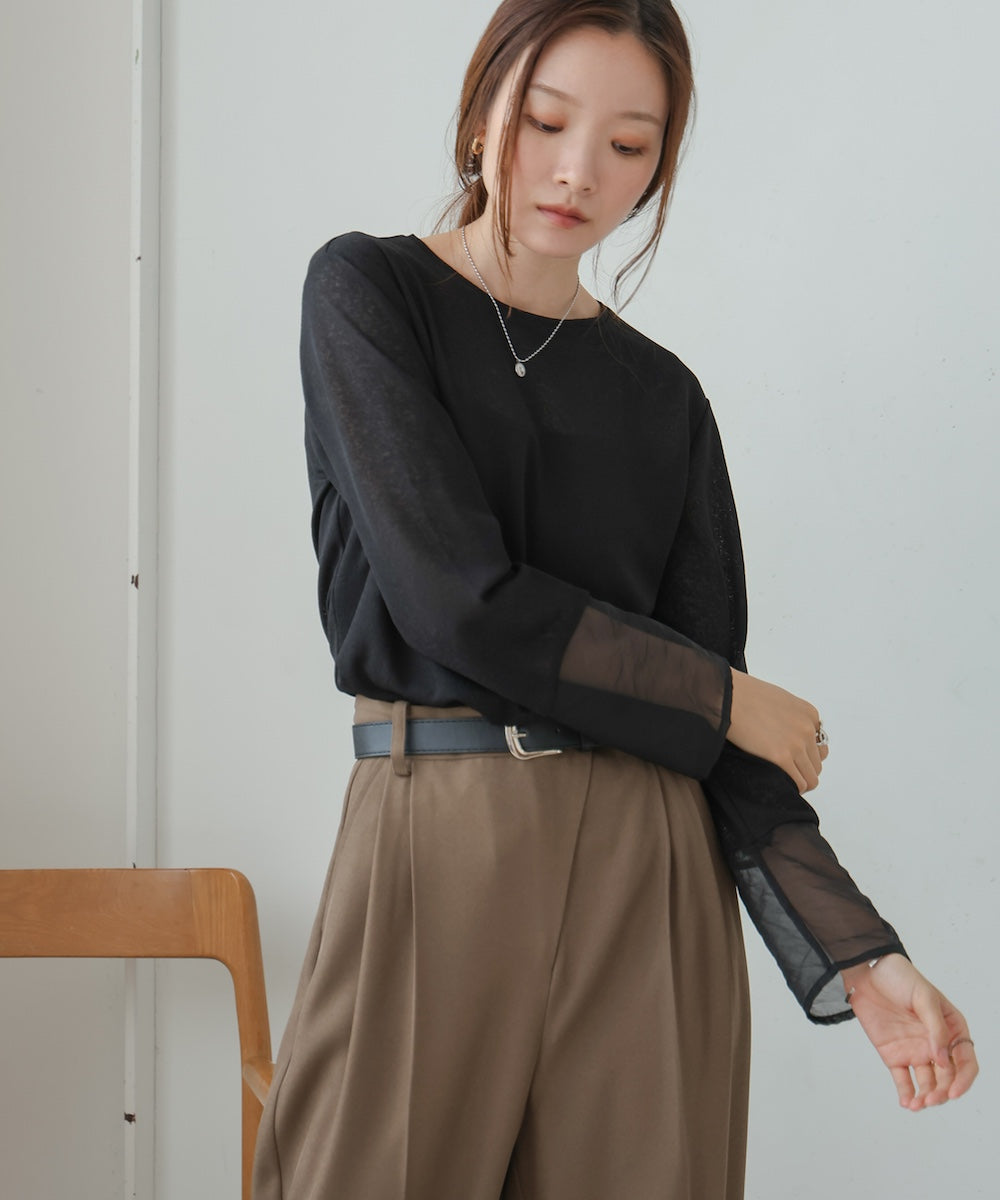 袖シアーラメベーシックカットソートップス