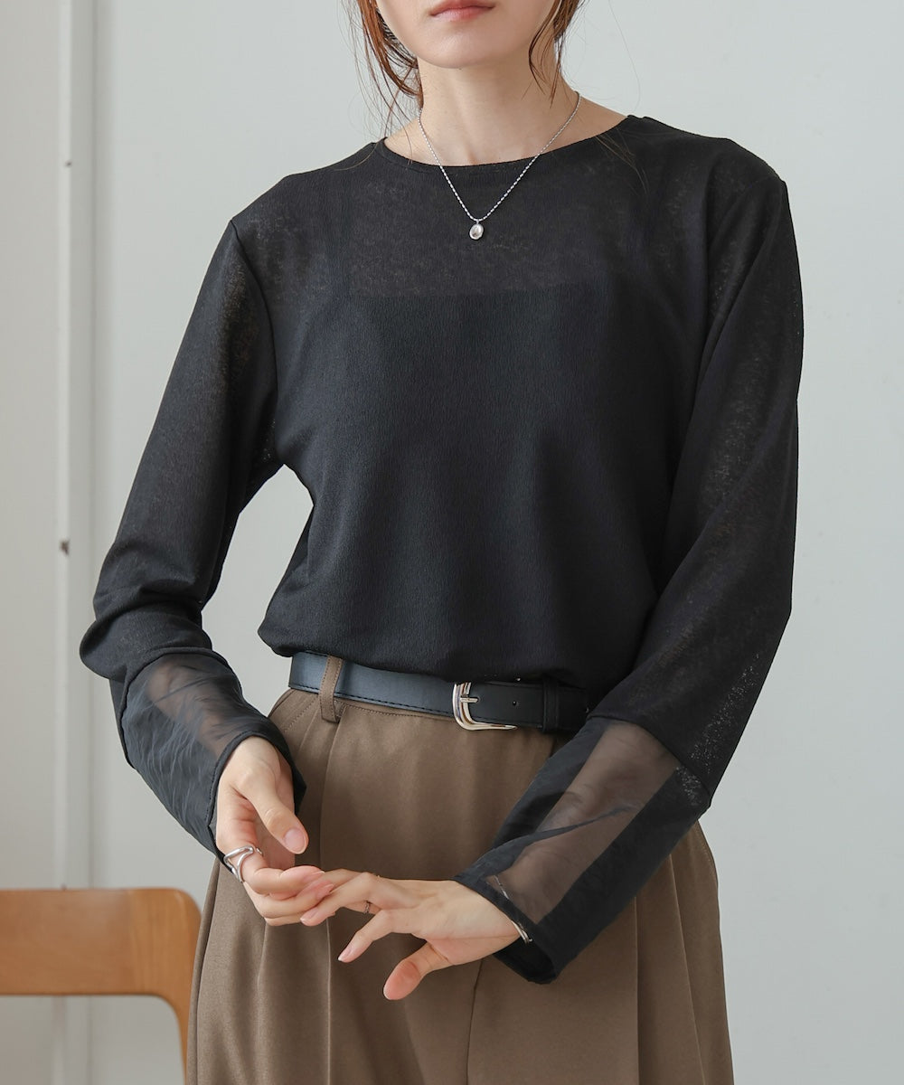 袖シアーラメベーシックカットソートップス