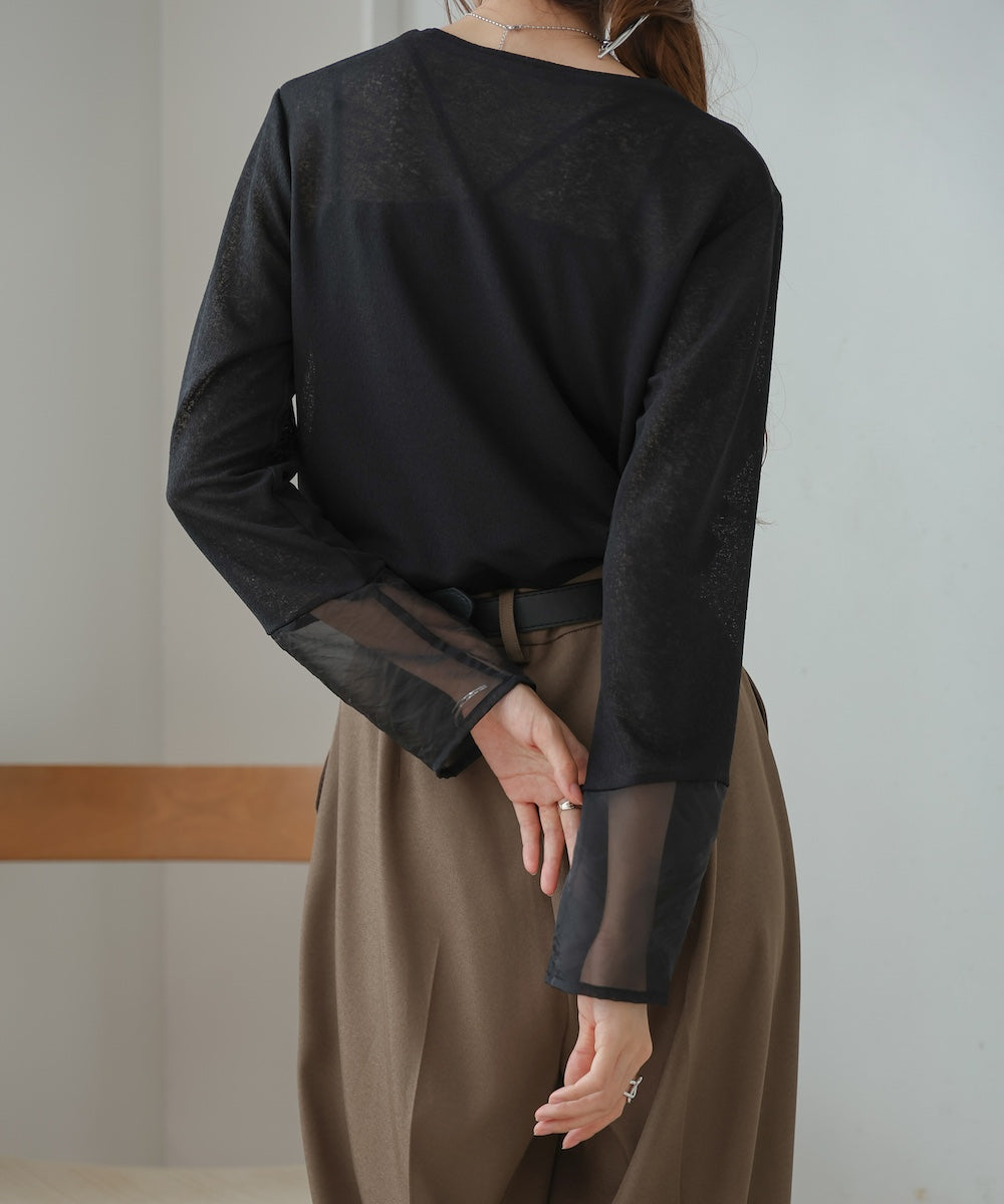 袖シアーラメベーシックカットソートップス