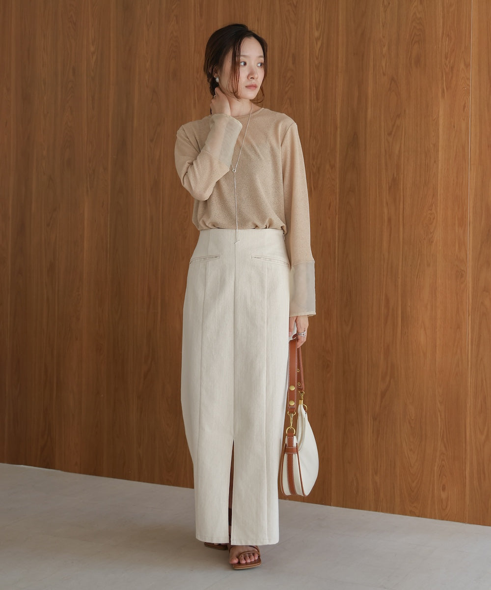 袖シアーラメベーシックカットソートップス