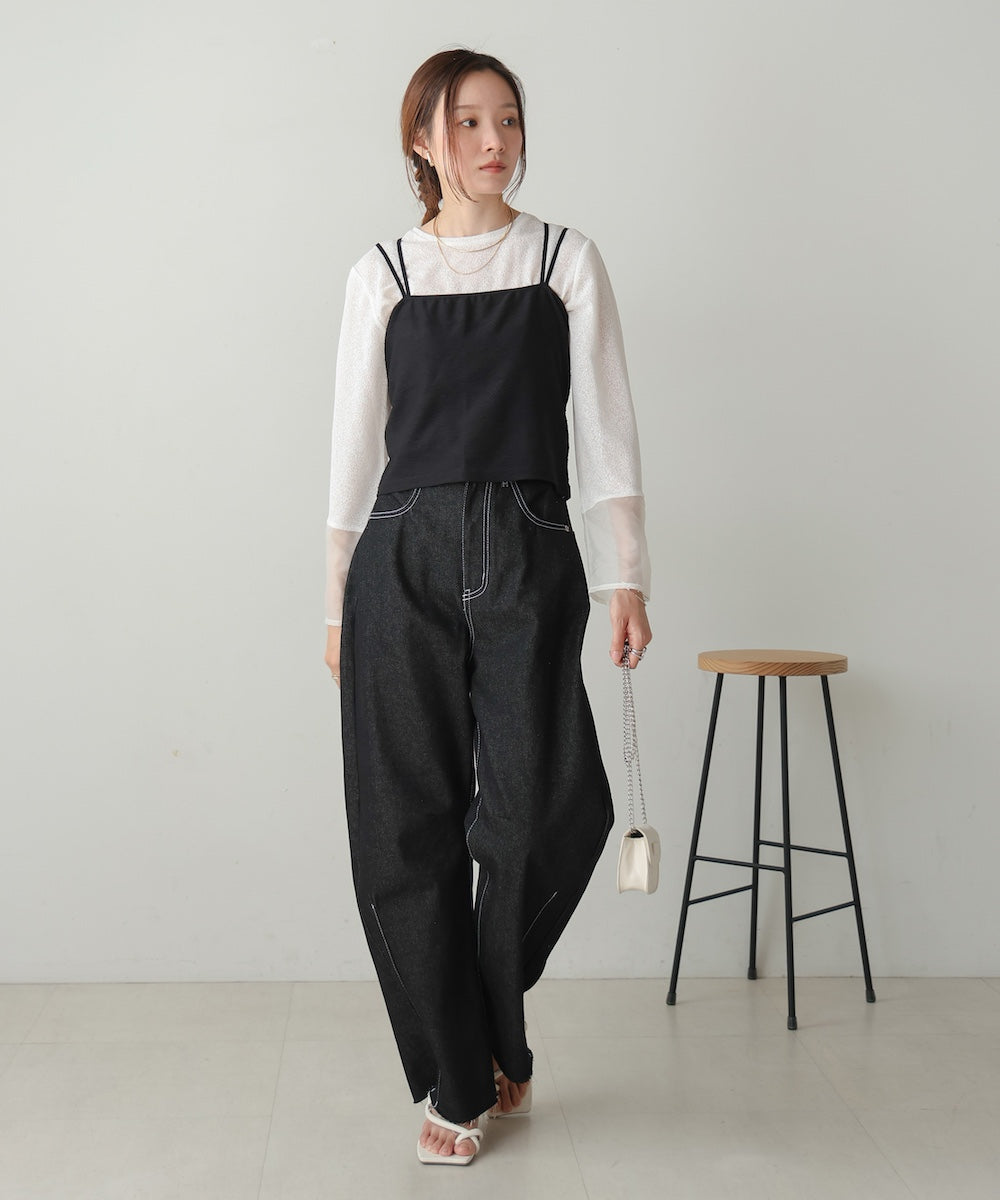 袖シアーラメベーシックカットソートップス