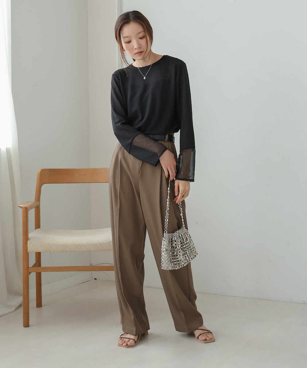 袖シアーラメベーシックカットソートップス