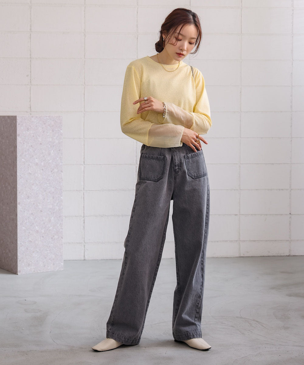 袖シアーラメベーシックカットソートップス