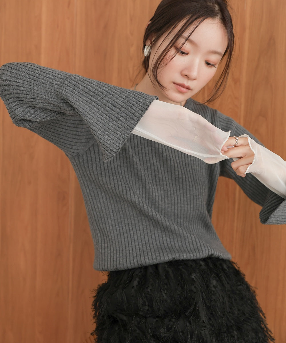 【選べるネック】チュールレイヤードリブニット