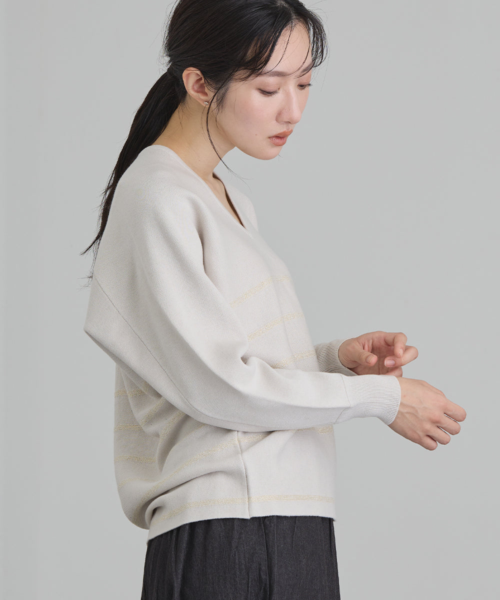 ラメボーダーVネックニット