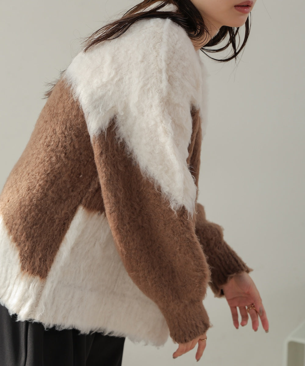 シャギー配色ニットトップス