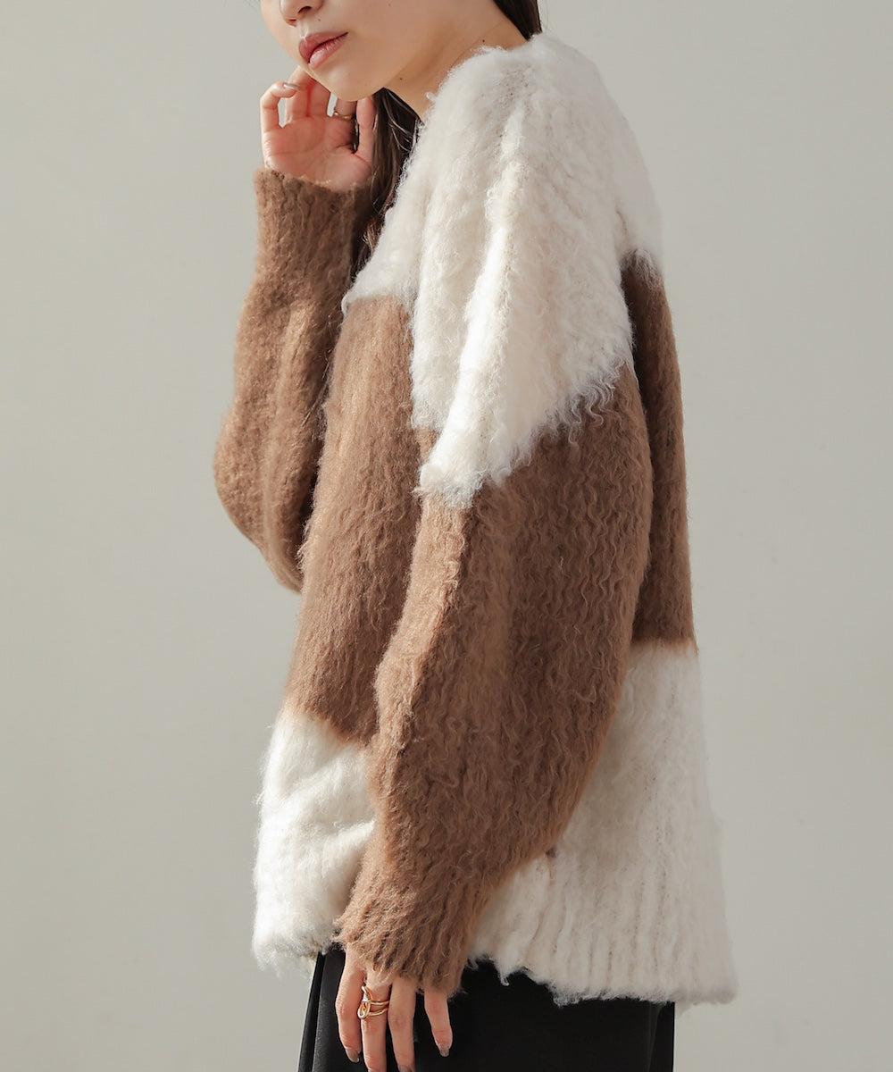 シャギー配色ニットトップス