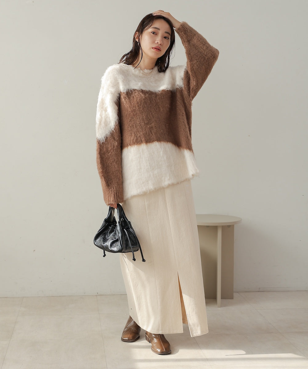 シャギー配色ニットトップス