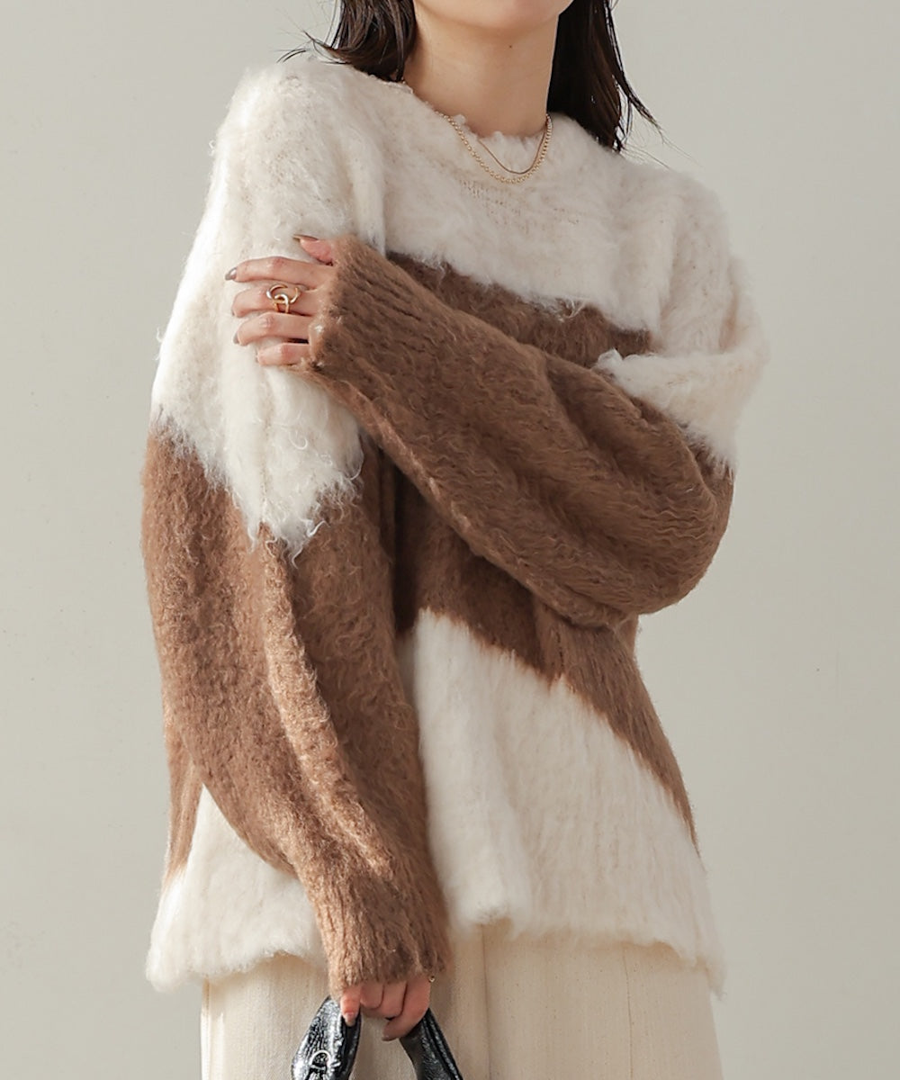 シャギー配色ニットトップス