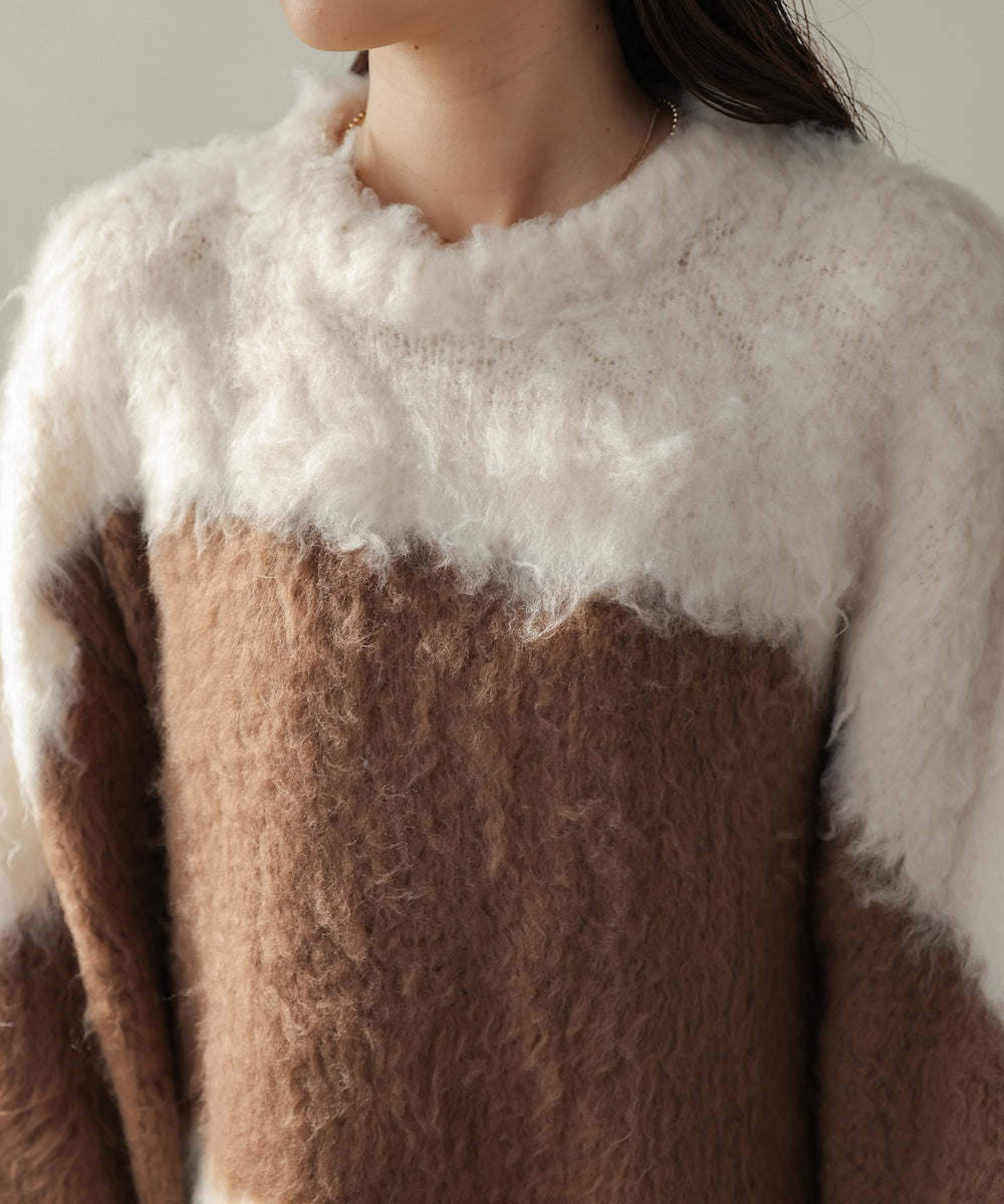 シャギー配色ニットトップス