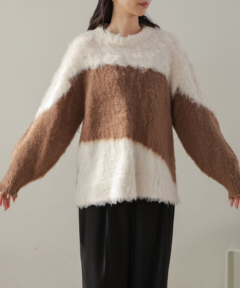 シャギー配色ニットトップス