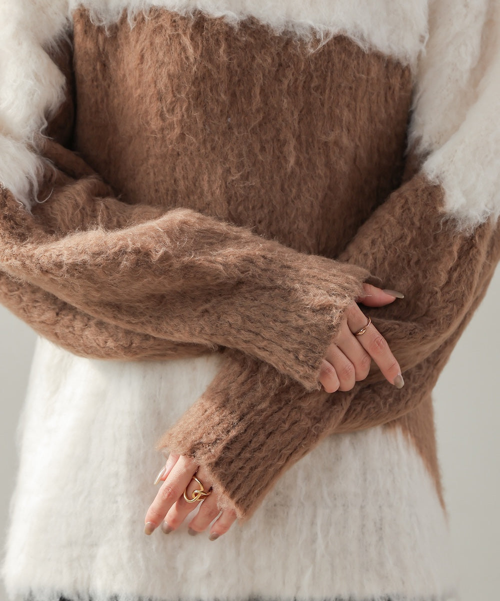 シャギー配色ニットトップス