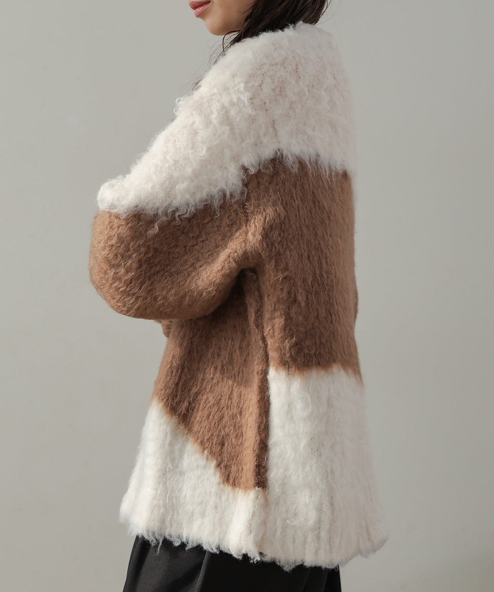 シャギー配色ニットトップス