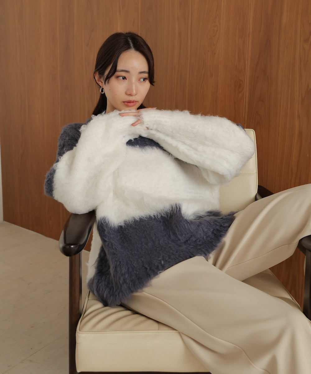 シャギー配色ニットトップス