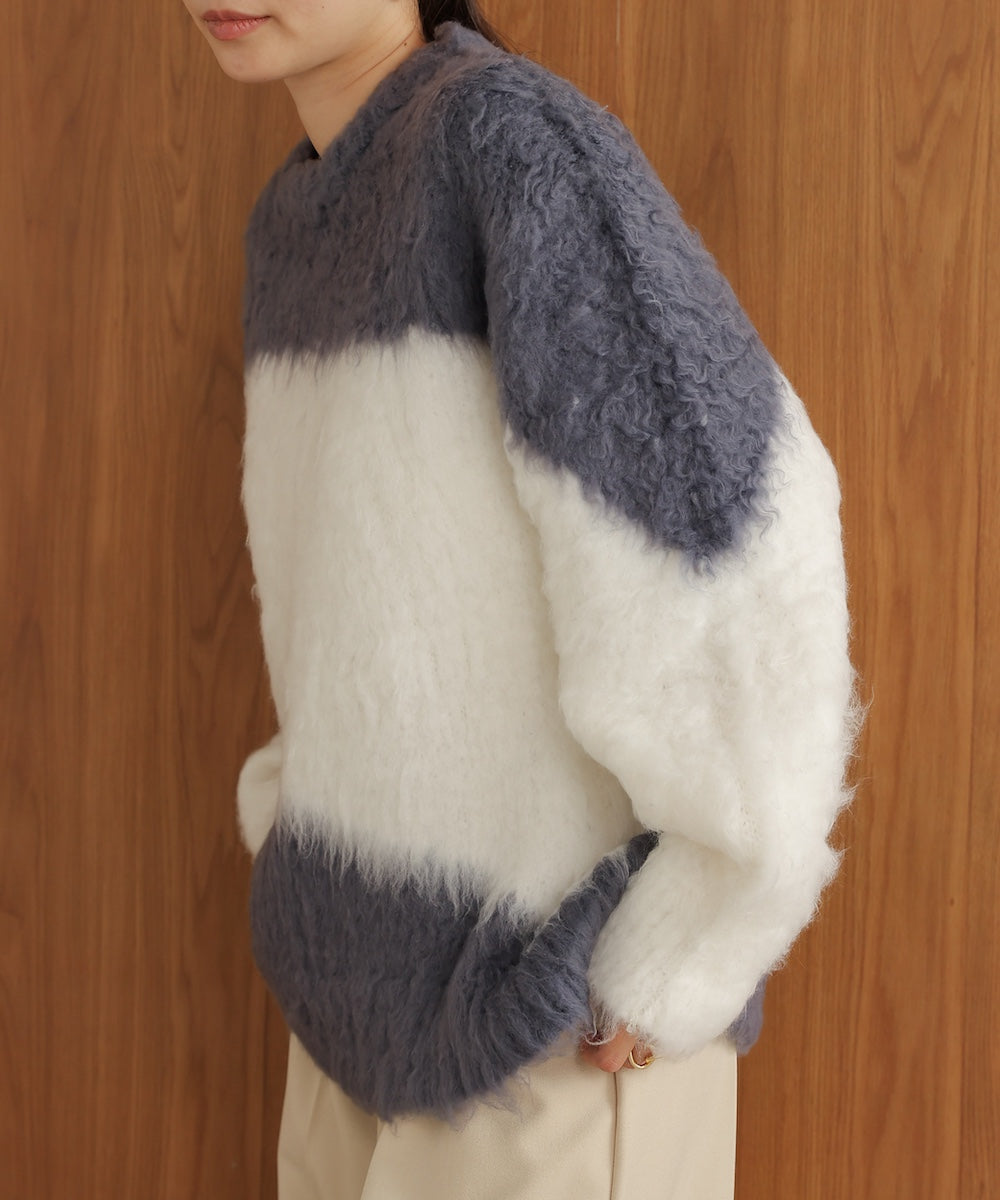 シャギー配色ニットトップス