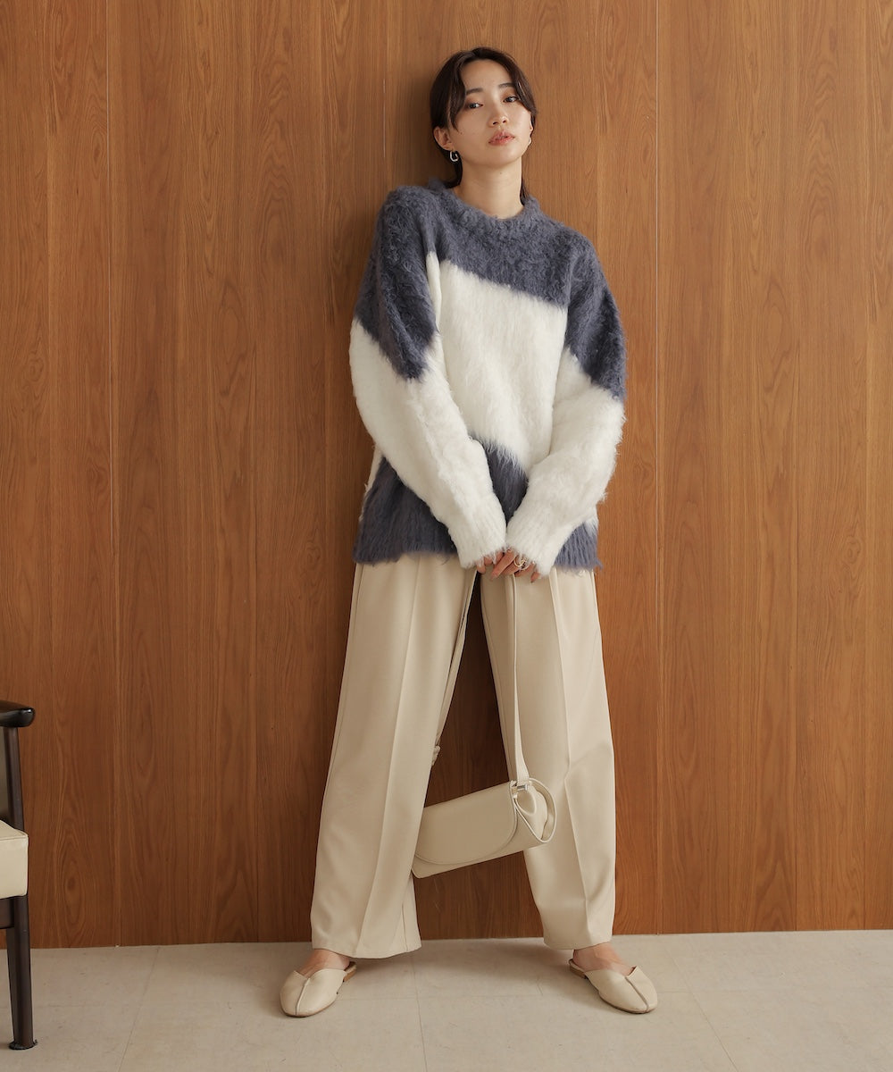 シャギー配色ニットトップス