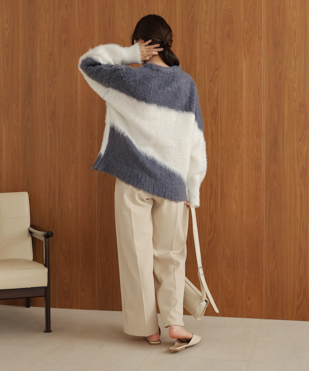 シャギー配色ニットトップス