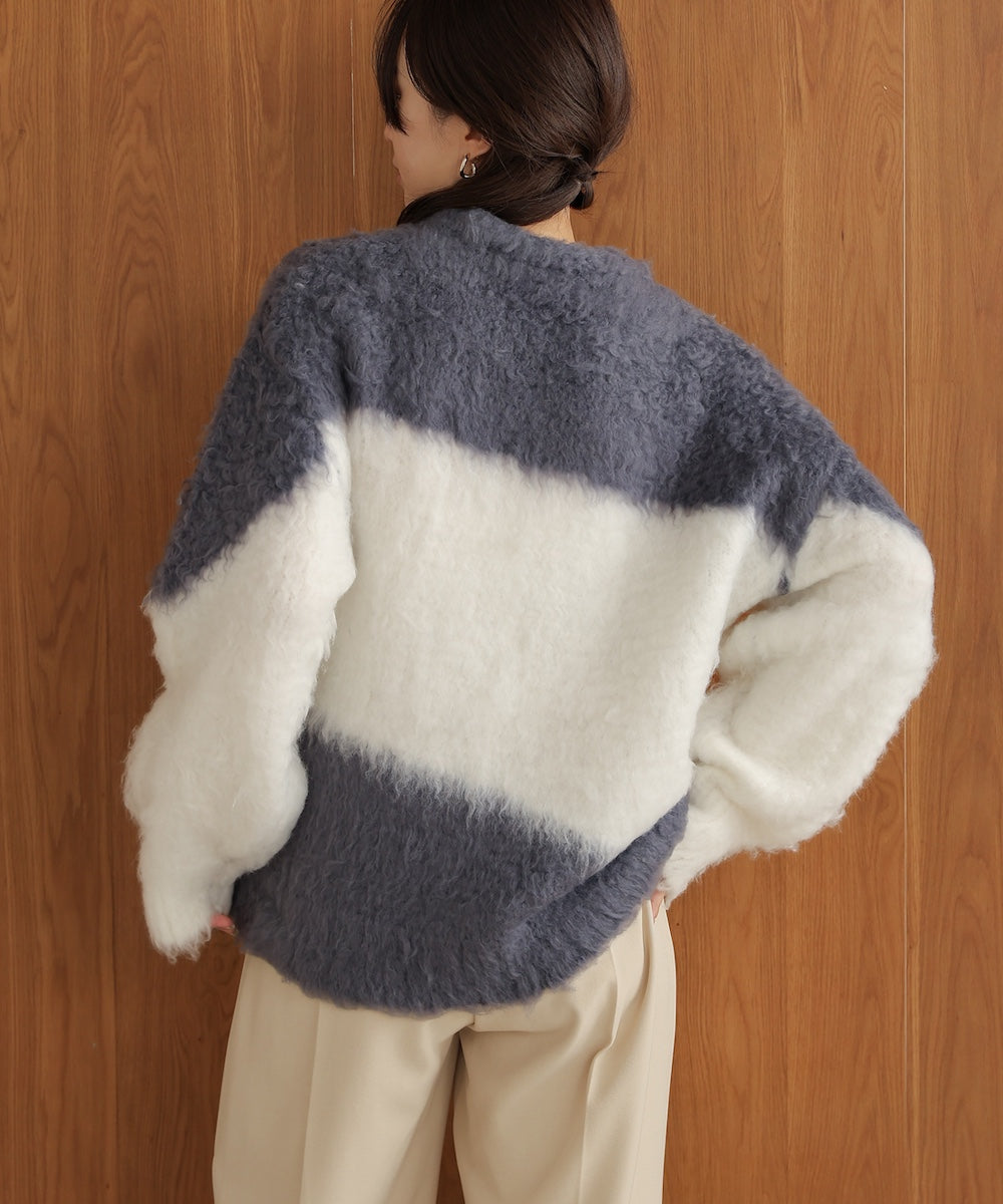 シャギー配色ニットトップス