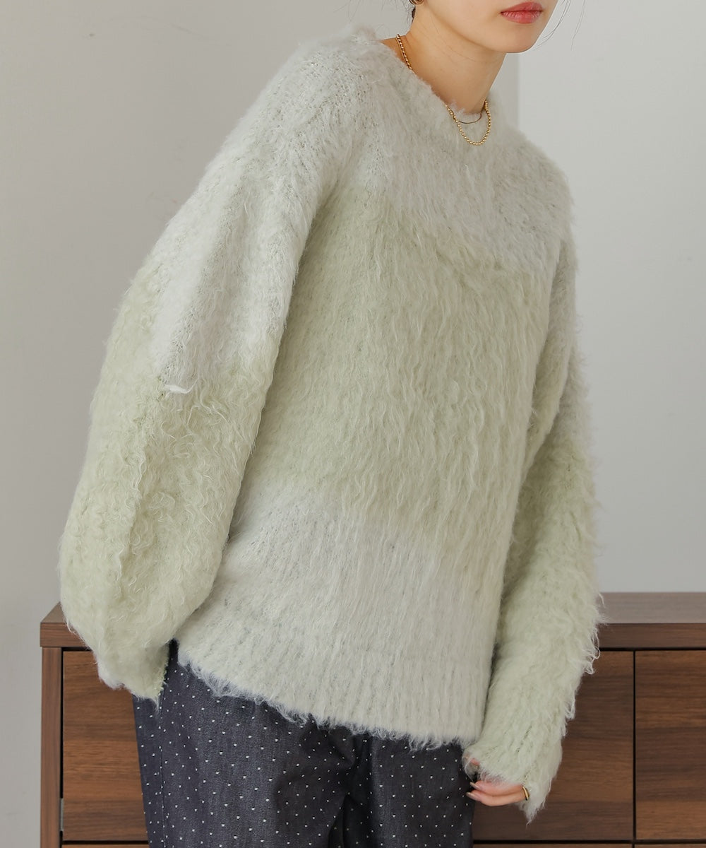 シャギー配色ニットトップス