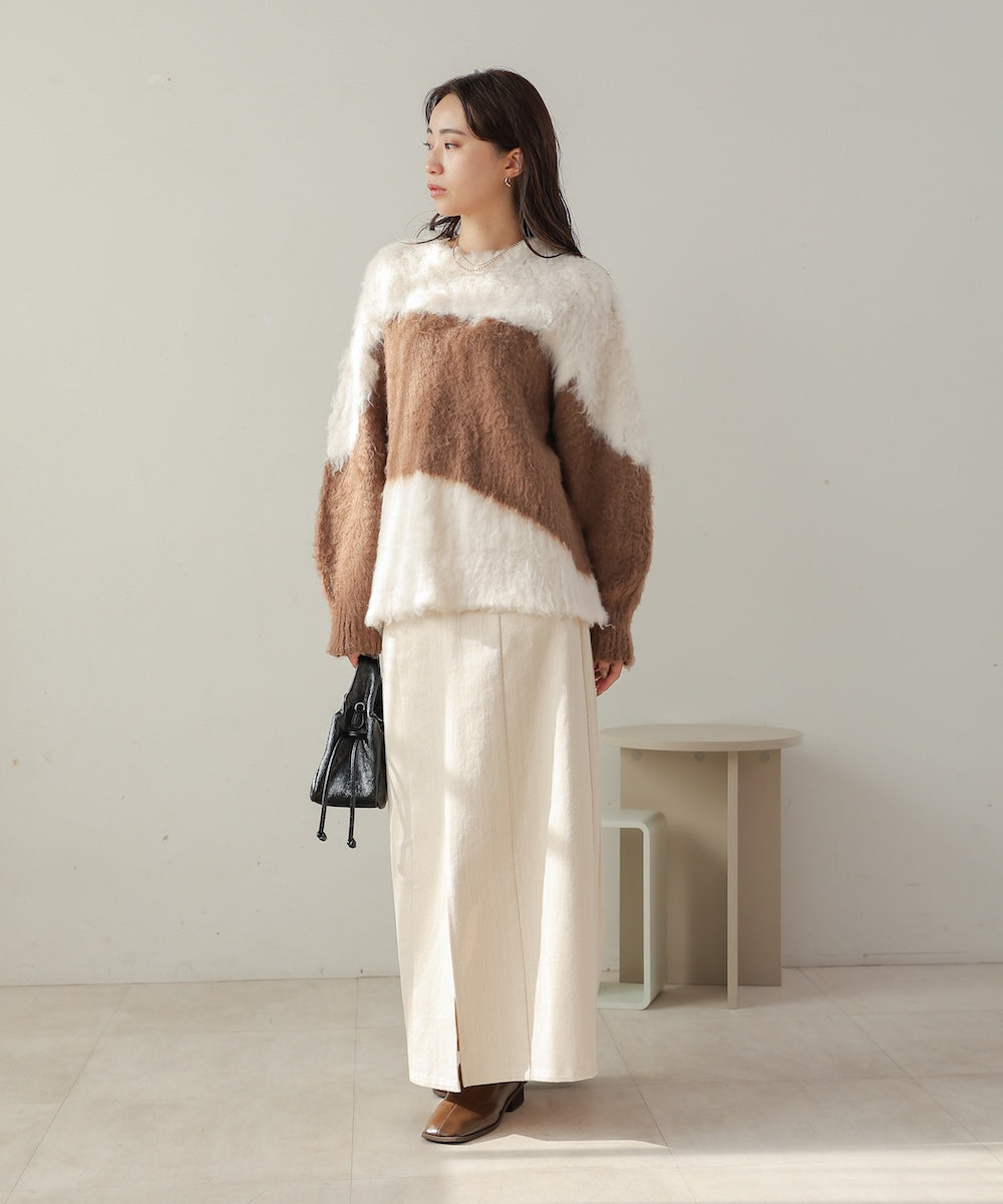 シャギー配色ニットトップス