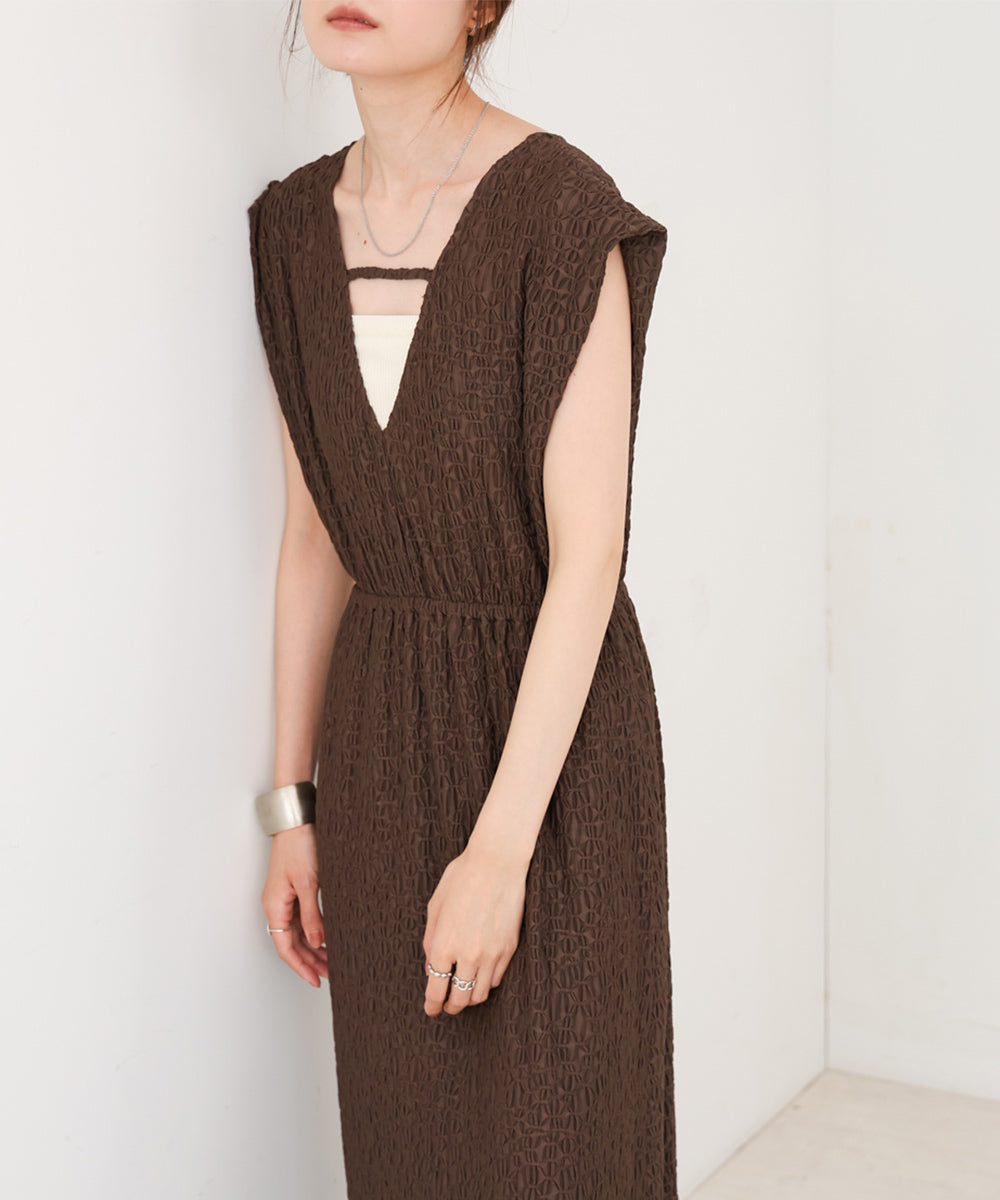 【選べる】【低身長向けサイズあり】前後2WAYウェーブ柄シュシュ付ワンピース・オールインワン