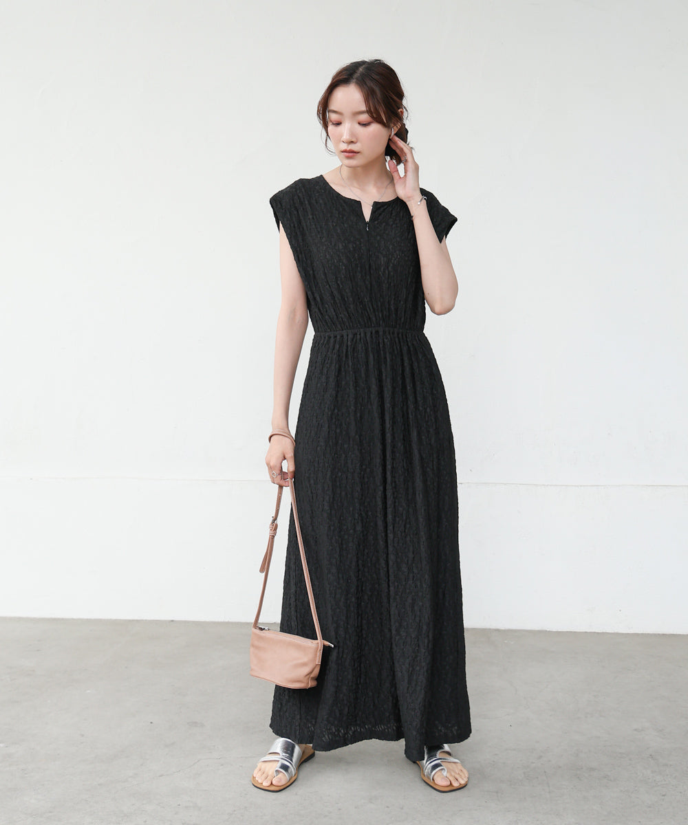 【選べる】【低身長向けサイズあり】前後2WAYウェーブ柄シュシュ付ワンピース・オールインワン