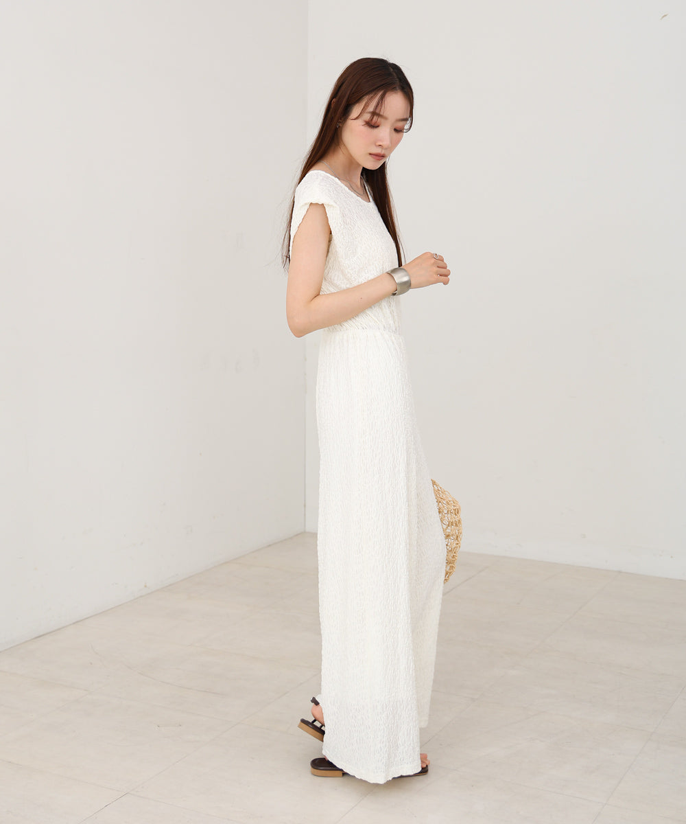 【選べる】【低身長向けサイズあり】前後2WAYウェーブ柄シュシュ付ワンピース・オールインワン