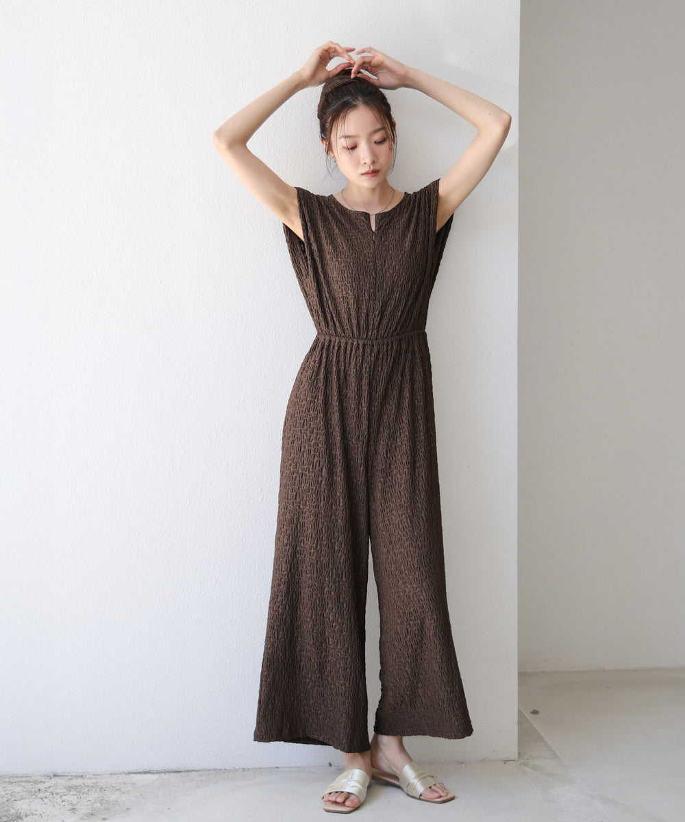 【選べる】【低身長向けサイズあり】前後2WAYウェーブ柄シュシュ付ワンピース・オールインワン