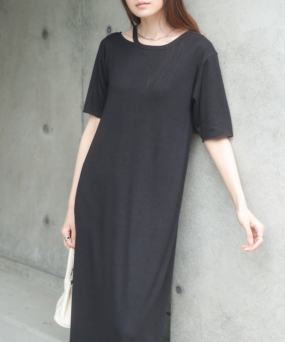 ラメカットソーハーフスリーブスリットワンピース