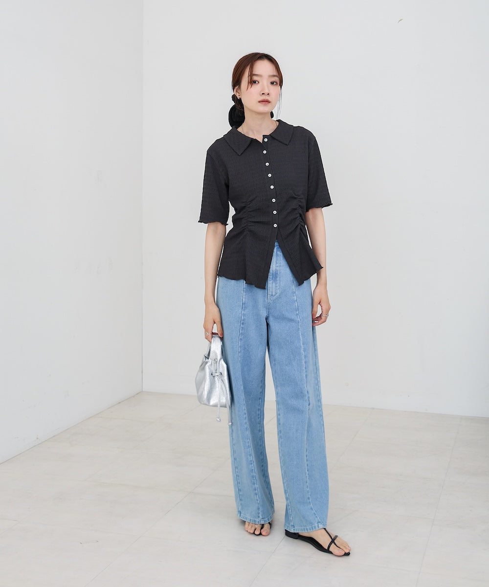 衿付き半袖ギャザーカットソー