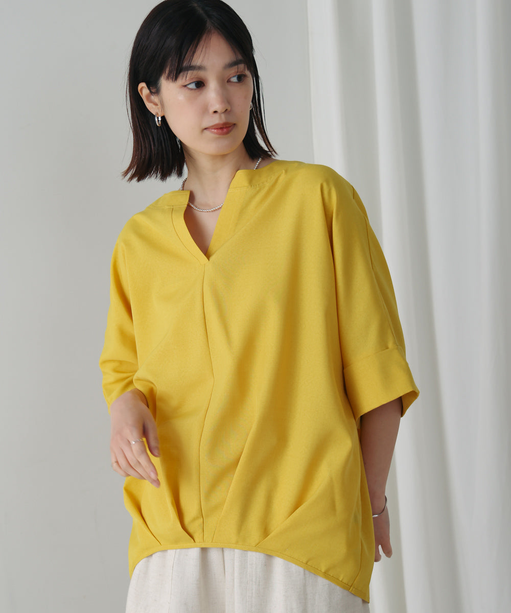 麻ライクキーネックタックスリーブブラウス