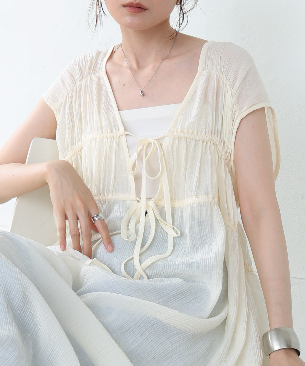 【S・Mサイズ展開】Vネックギャザーリボンワンピース