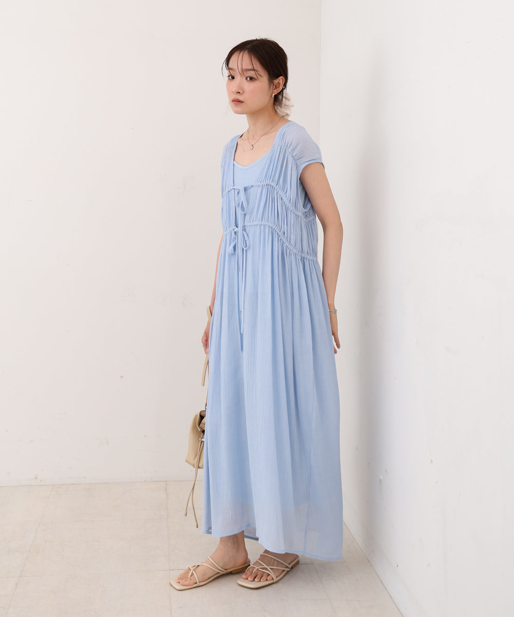 【S・Mサイズ展開】Vネックギャザーリボンワンピース