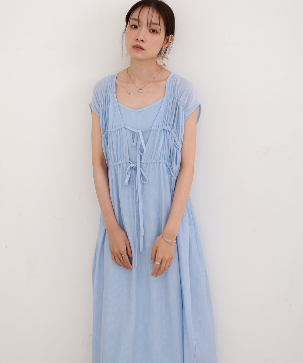【S・Mサイズ展開】Vネックギャザーリボンワンピース