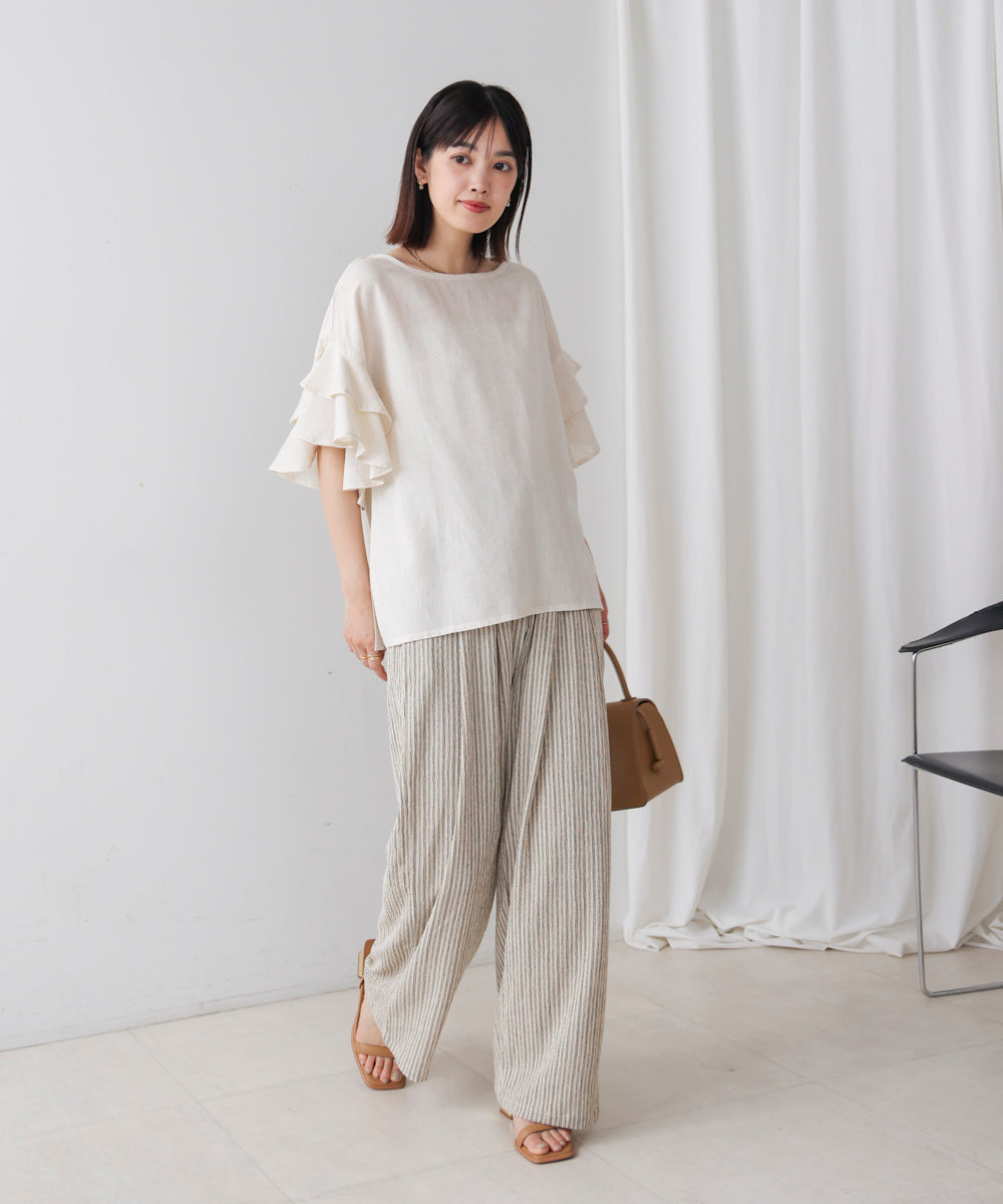 麻混袖ティアードプルオーバー