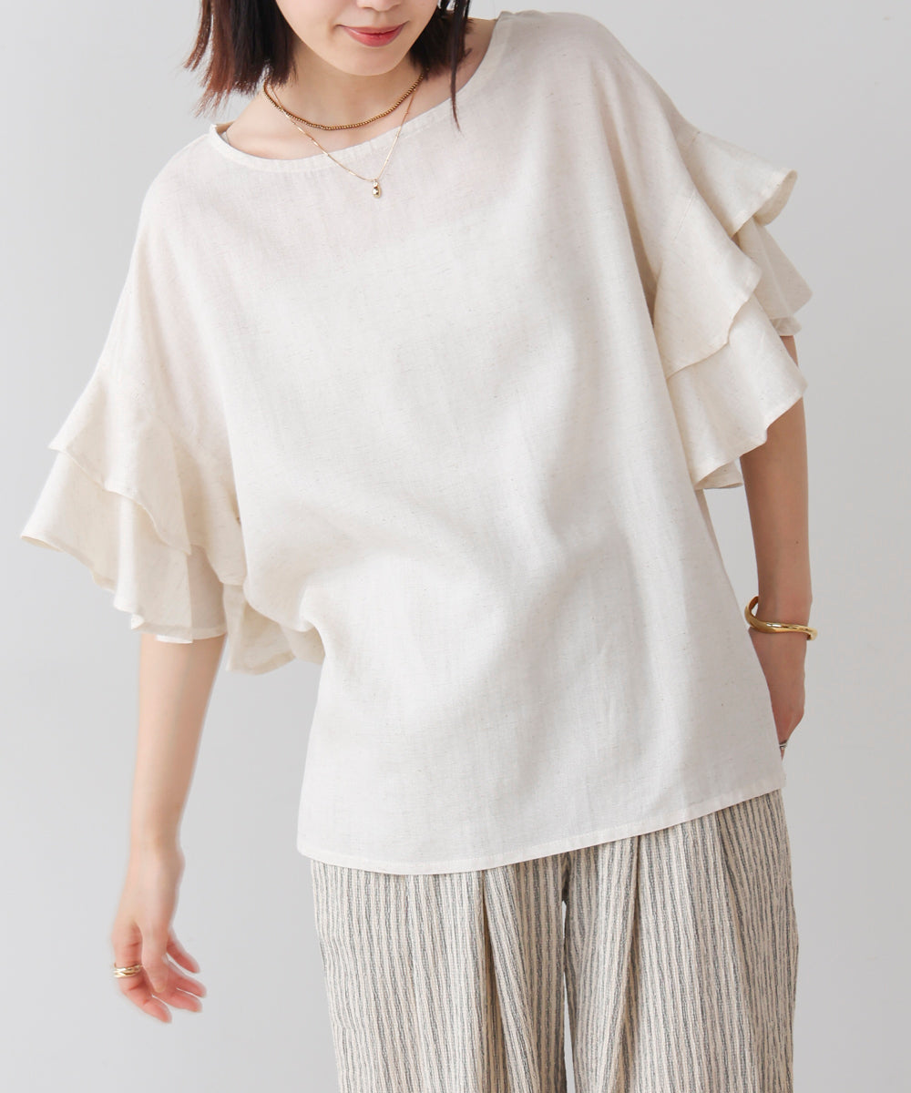 麻混袖ティアードプルオーバー