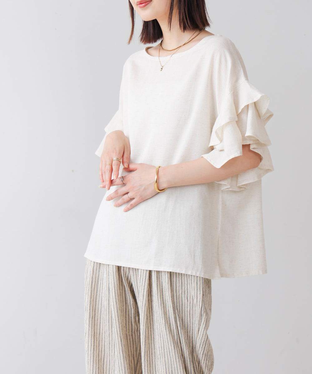 麻混袖ティアードプルオーバー