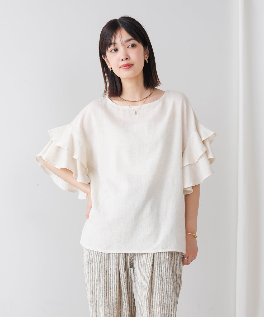 麻混袖ティアードプルオーバー