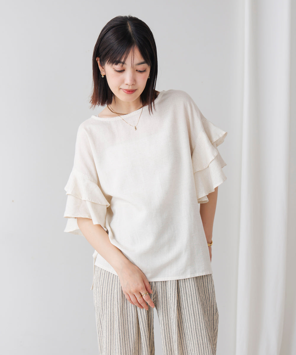 麻混袖ティアードプルオーバー