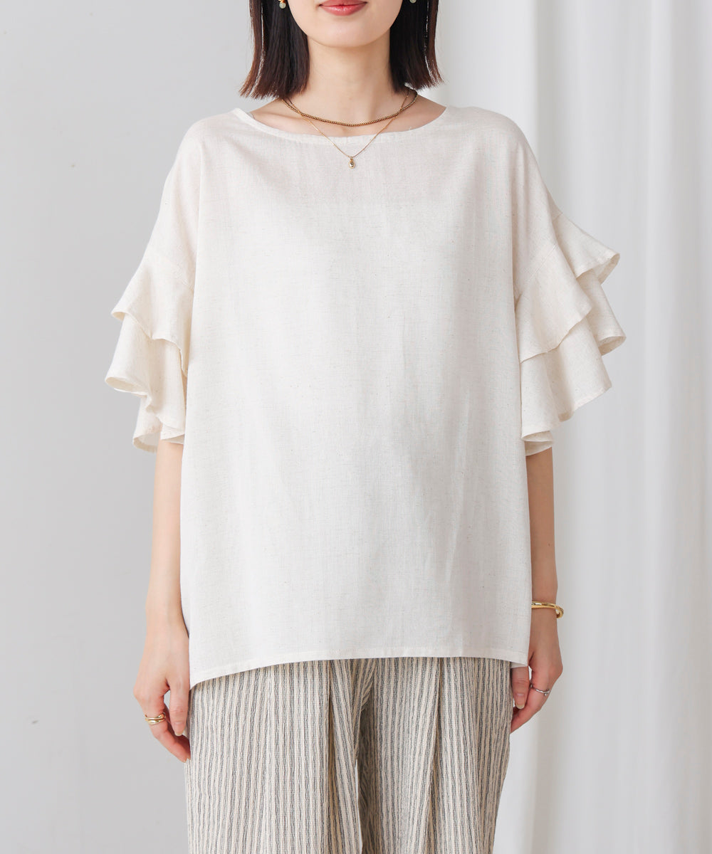 麻混袖ティアードプルオーバー