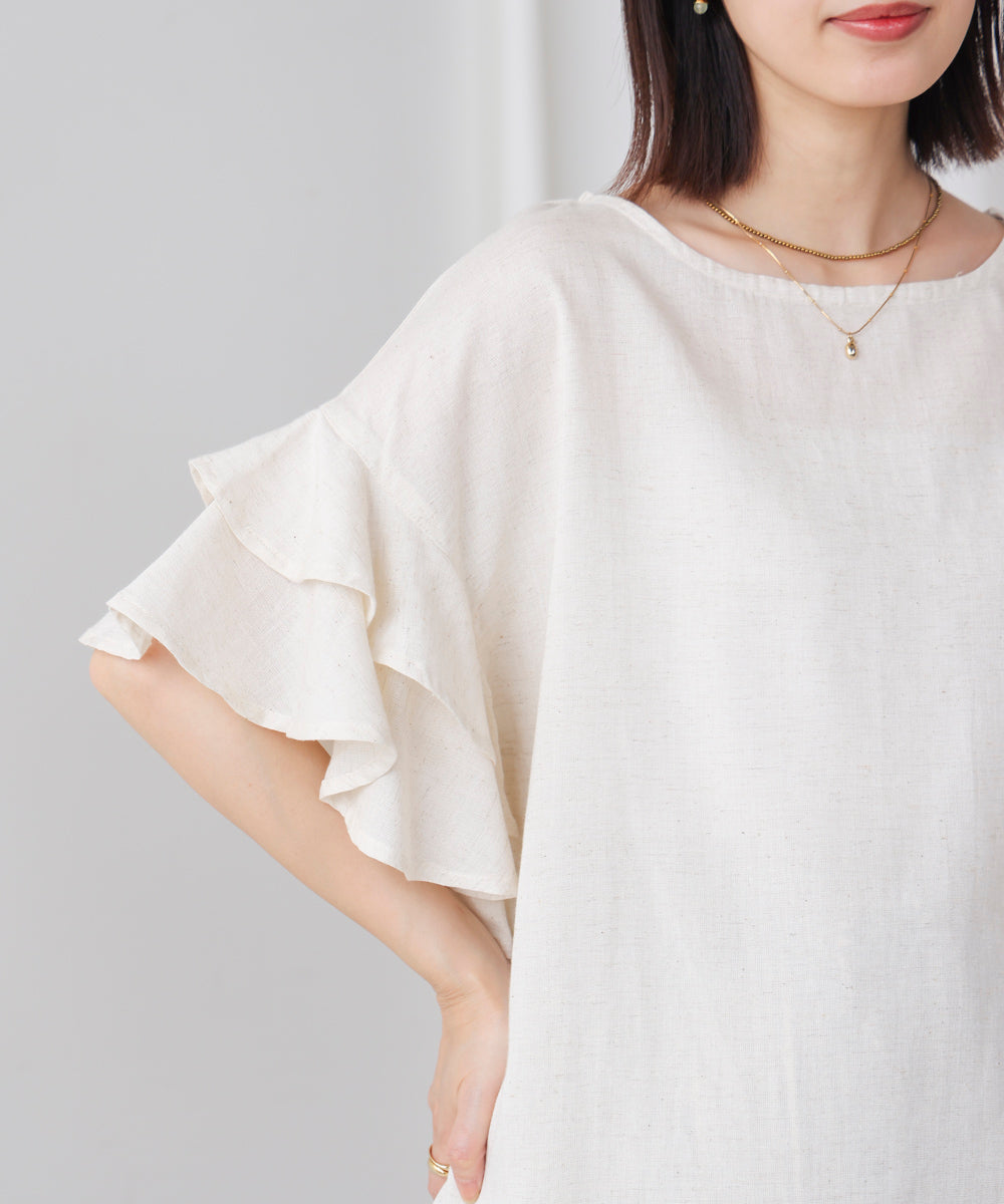 麻混袖ティアードプルオーバー