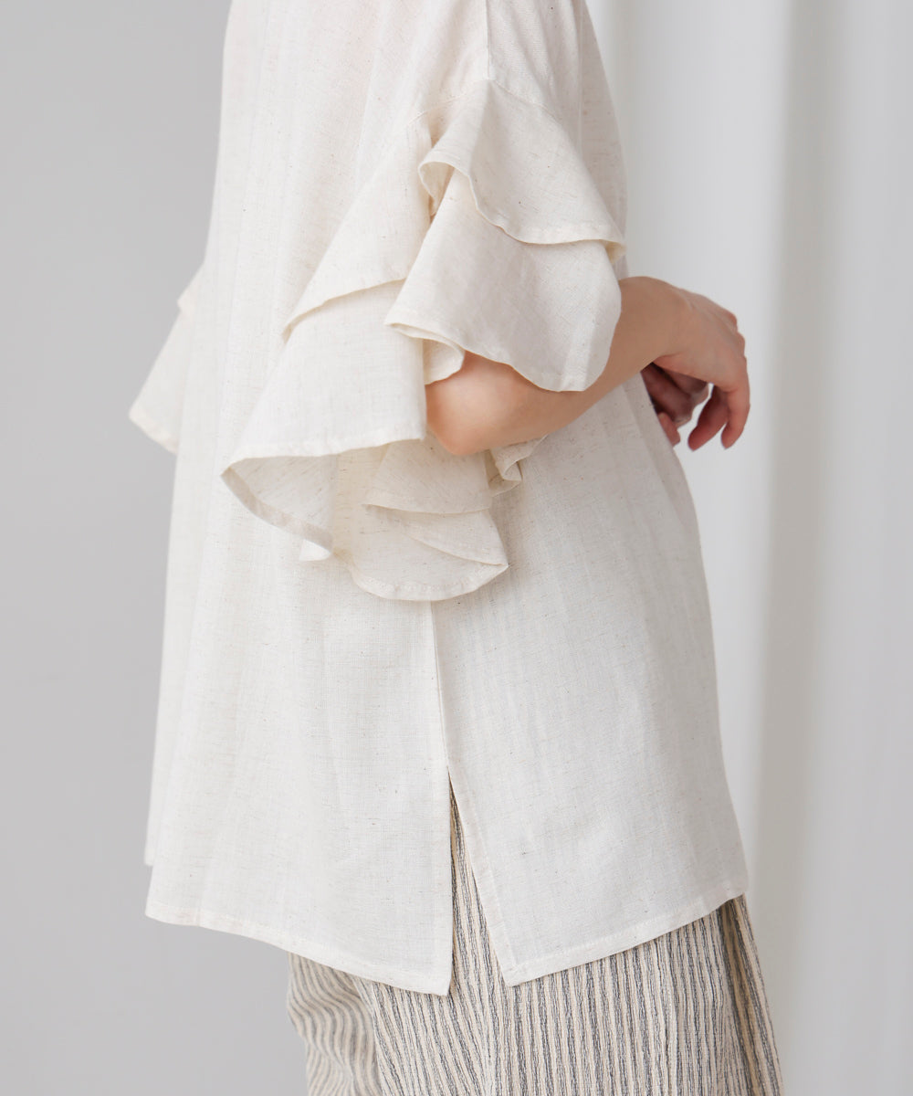 麻混袖ティアードプルオーバー