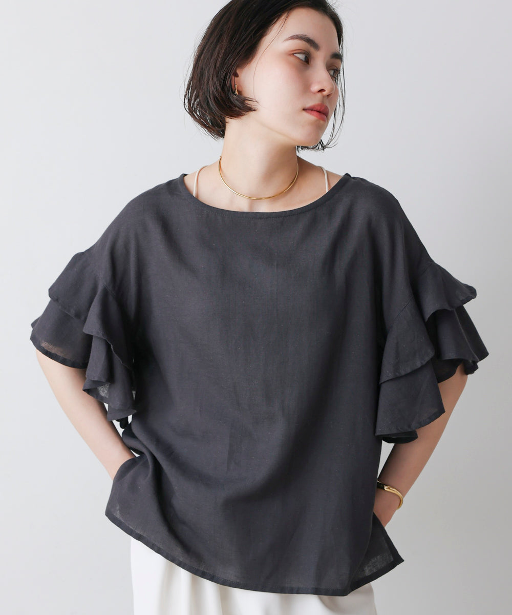 麻混袖ティアードプルオーバー