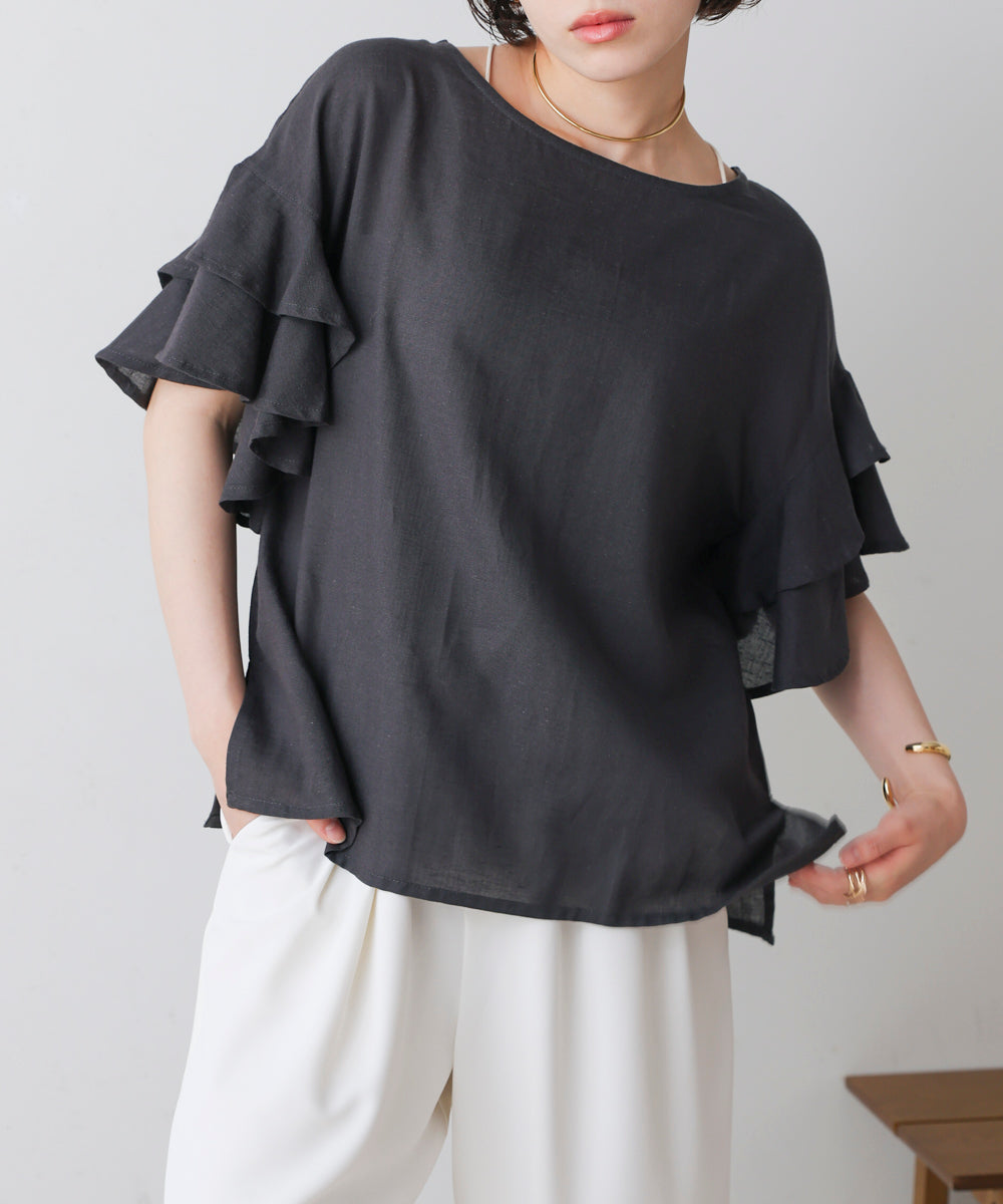 麻混袖ティアードプルオーバー